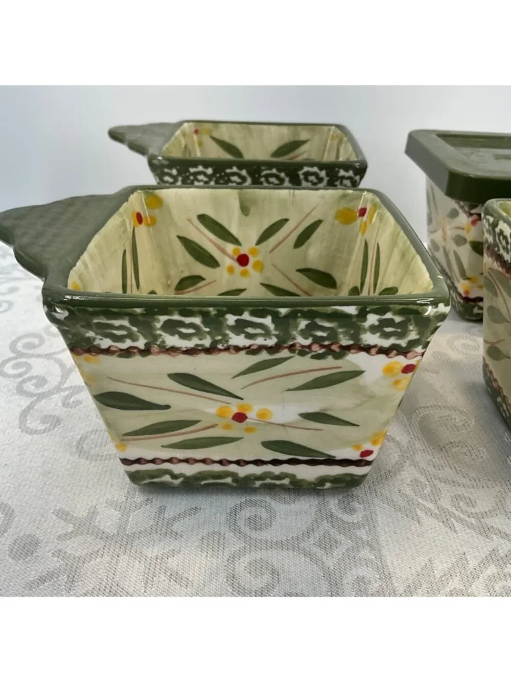 Temp-Tations Old World Green Square 10 Oz Ramekins Set Of 4 With Lid Oven & Dish